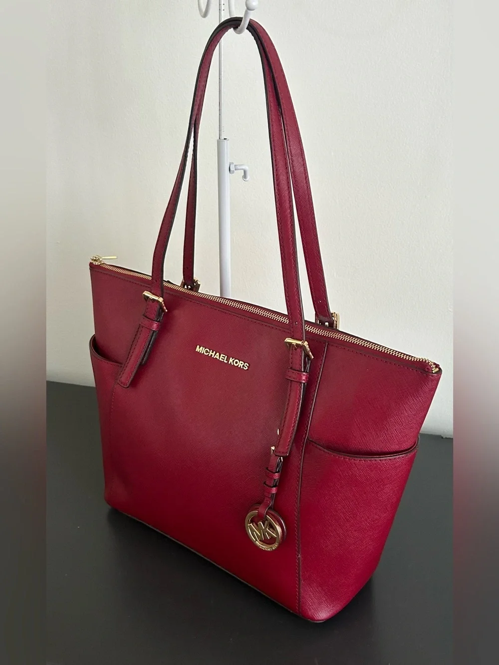 Michael Kors Burgundy Saffiano Leather Large Zip Tote Shoulder Work Bag